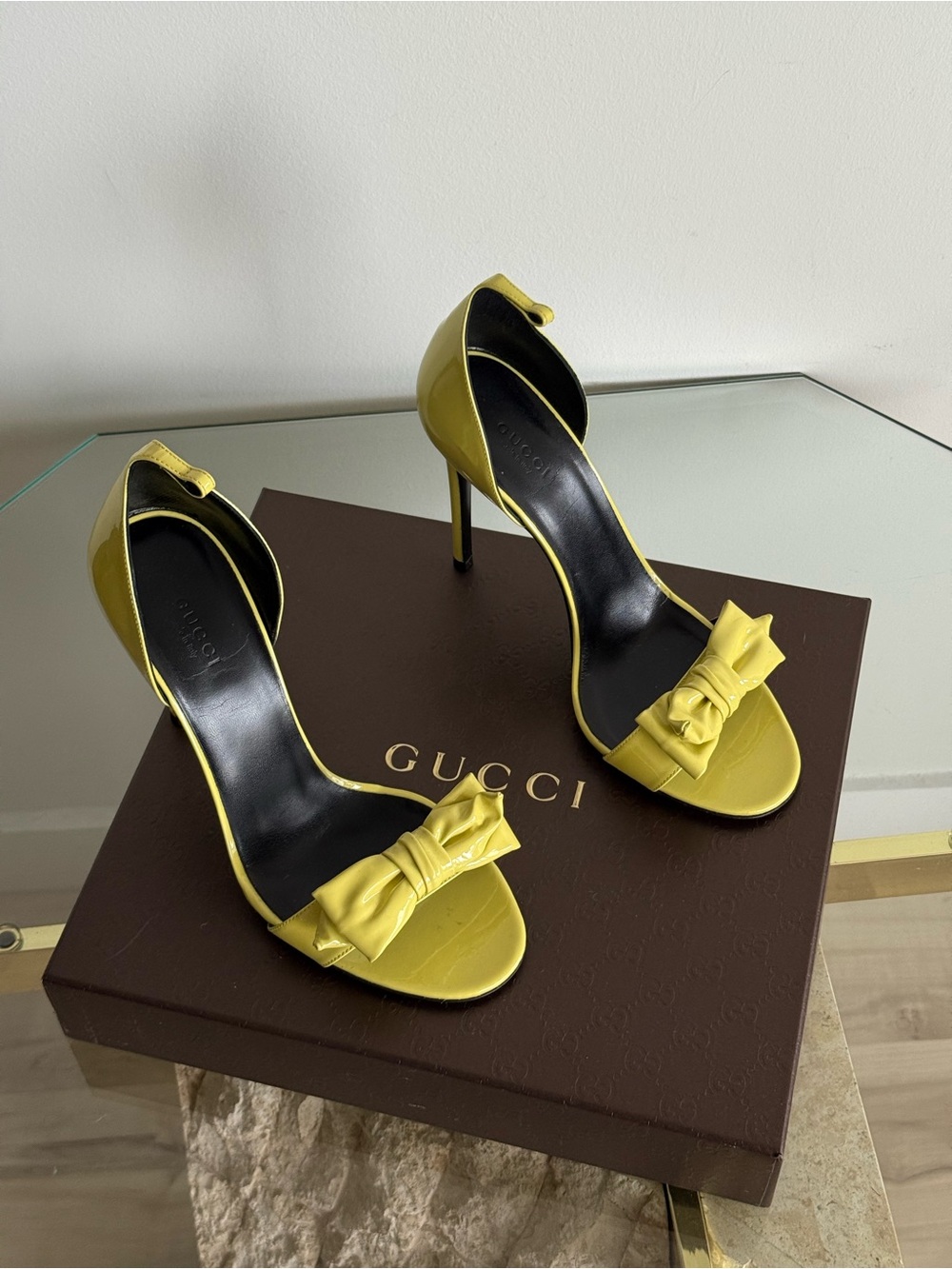 Gucci Lemon Yellow Bow Open-Toe Stiletto Sandals